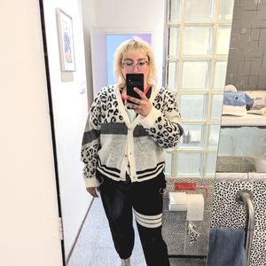 1X shein button up leopard print colour block black and white cardigan